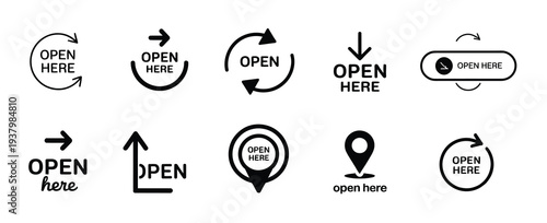 Open Here Icons Vector Set, Package Opening Sticker Labels for Box Packaging Instruction Symbols