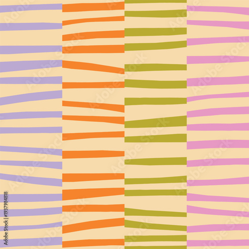 Cut Out Lines Abstract Geometric Seamless Pattern. Hand Drawn Horizontal Stripes in Vertical Column Arrangement. Modern Bold Surface Pattern Design. Mid Century Retro Textile and Wallpaper Print
