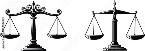 Two stylized black balance scale icons symbolizing justice, fairness, and law, perfect for legal design projects, ethics education, and decision-making illustration