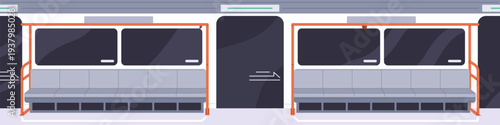 Empty metro carriage with seats, windows and doors. Modern interior of clean subway train. Inside underground wagon with benches and handrails. City public transport. Flat vector illustration