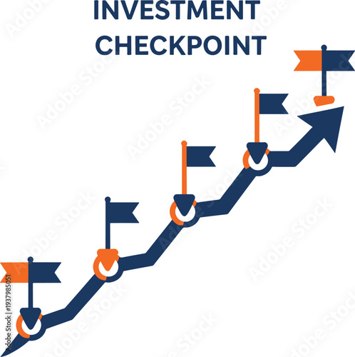 Investment growth chart with checkpoints and flags reaching goal