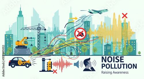 Noise Pollution Awareness Illustration - Cityscape Impact and Prevention.