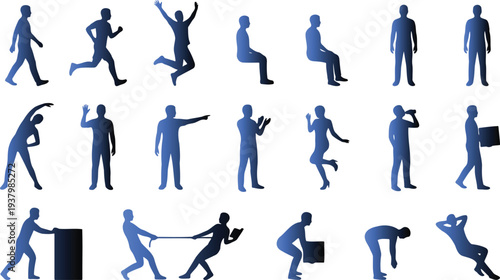 Collection of blue human silhouettes in various poses and actions on white background for design and illustration purposes