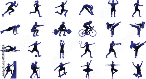 Collection of various sports and fitness activities in silhouette form on white background for graphic design  people exercising and playing sports