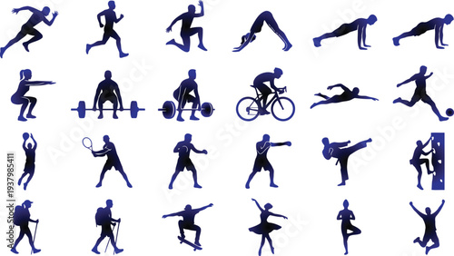 Collection of various people doing sports and fitness activities in different poses and exercises  running jumping weightlifting cycling dancing
