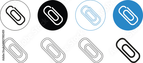 Paperclip Icons in Different Styles and Colors on White and Blue Background Keywords: paperclip, stationery, office, supply