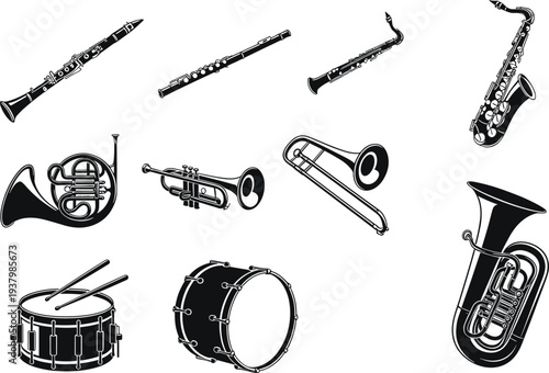 Vector Silhouette Icon Set of Musical Instruments Featuring Trumpet Saxophone Trombone Tuba French Horn Clarinet Flute and Drums for Jazz Band and Orchestra Graphic Design Projects