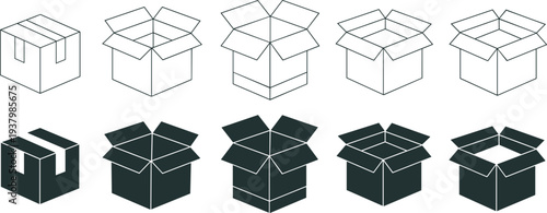 Set Of Ten Cardboard Box Icons In Outline And Solid Fill Styles packaging shipping