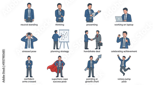 Business character icon set illustration showcasing various professional actions and emotions in a clean and modern style