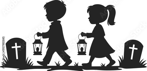 Silhouette of two children carrying lanterns walking past gravestones at night Keywords: children, silhouette, lanterns