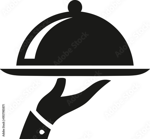 Black silhouette illustration of a waiter hand holding a service tray with a cloche lid isolated on white background for restaurant catering and hospitality.
