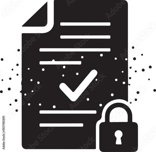 Secure document with lock and checkmark icon isolated on transparent background for web design