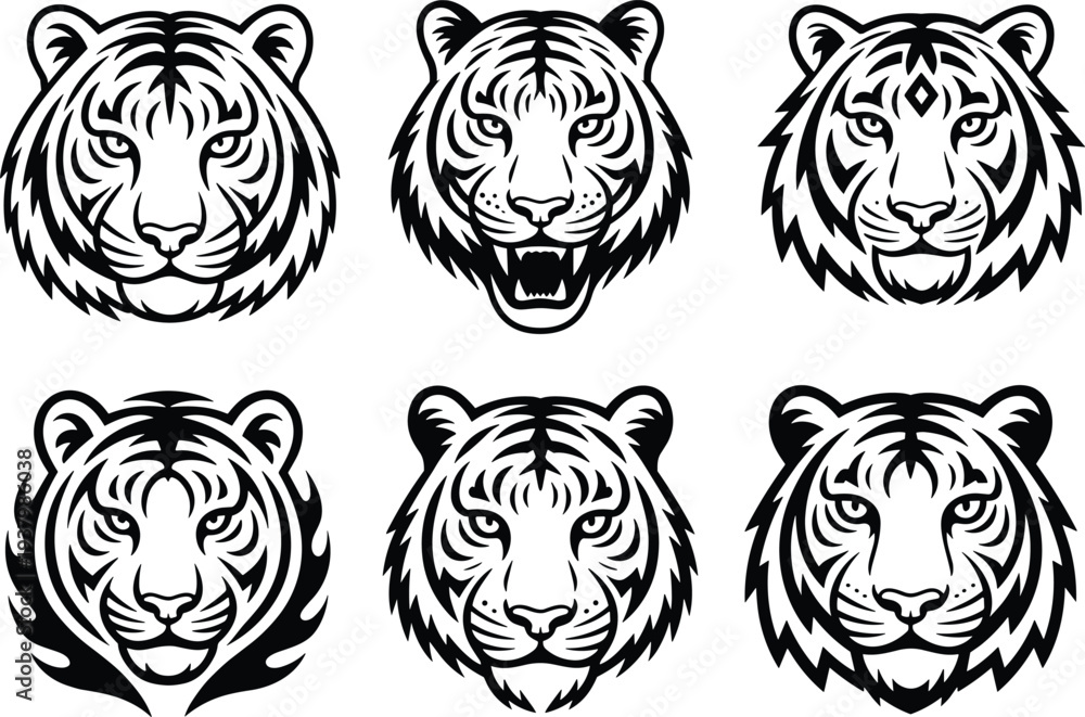Fototapeta premium Six Stylized Black and White Tiger Head Illustrations on White Background drawing graphic