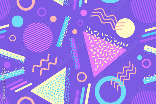 Memphis design seamless repeat pattern. Memphis 80s geometric colorful creative design vector illustration. For textile, texture, fabric wrapping, decorative, wallpaper, shirts, clothing, tablecloth