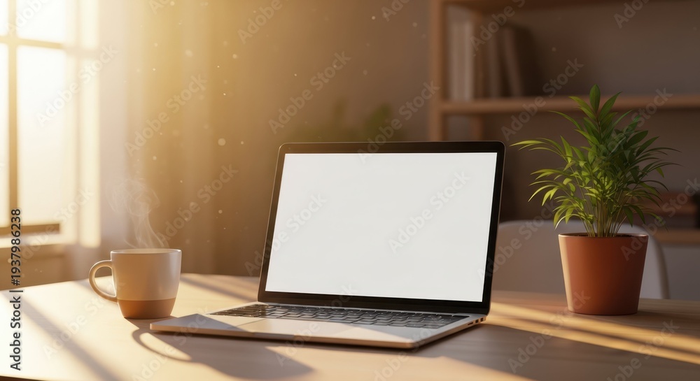 Fototapeta premium Modern laptop with blank screen placed on a wooden desk near a coffee cup and small green plant with warm sunlight from a window, representing remote work, productivity, and minimalist workspace desig