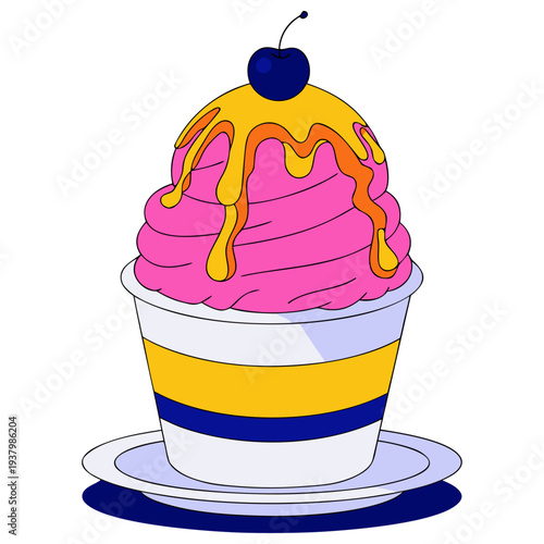 Vibrant illustration of a delicious pink ice cream sundae with cherry and caramel sauce, perfect for dessert or treat promotions