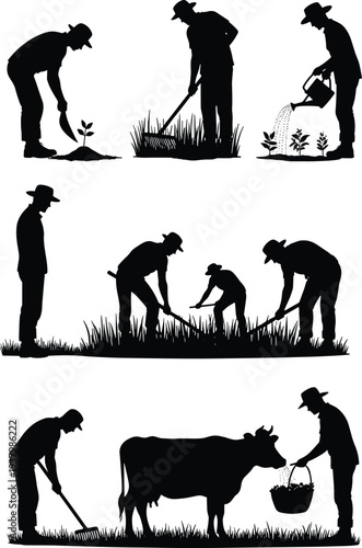 Black silhouette vector set of farmers working on a farm including planting crops, watering plants, raking soil, mowing grass, and feeding cattle livestock