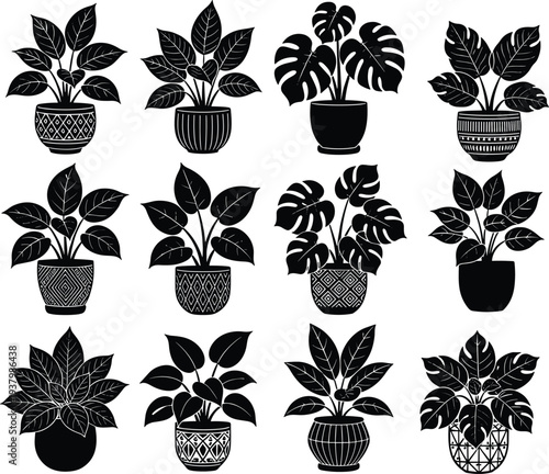 Black silhouette vector set of various indoor potted houseplants including monstera and philodendron in decorative ceramic pots isolated on a plain white background.