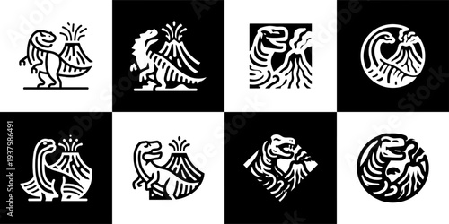 Icon Set Vector of 8 Dinosaur with Erupting Volcano Prehistoric Icons