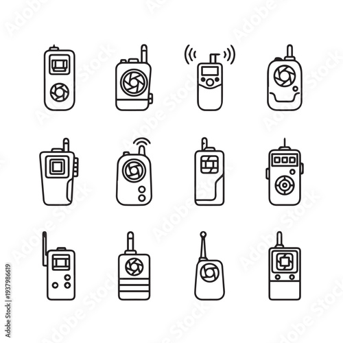 Collection of Line Art Icons for Two-Way Radios Walkie Talkies and Transceivers