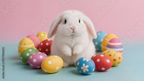 Adorable white bunny surrounded by colorful Easter eggs
