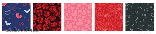 Set of cute seamless patterns with hearts and roses, love themed backgrounds perfect for sweet romantic designs