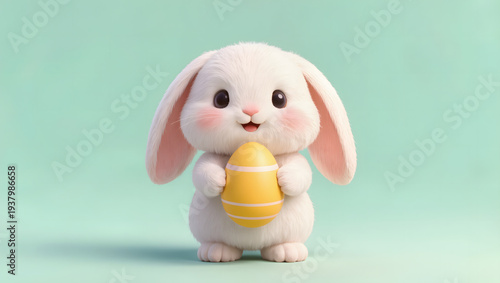 Adorable white bunny holding yellow Easter egg with pink cheeks