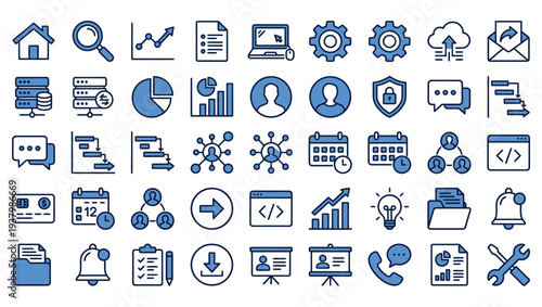 Collection of various blue technology and business related icons displayed neatly