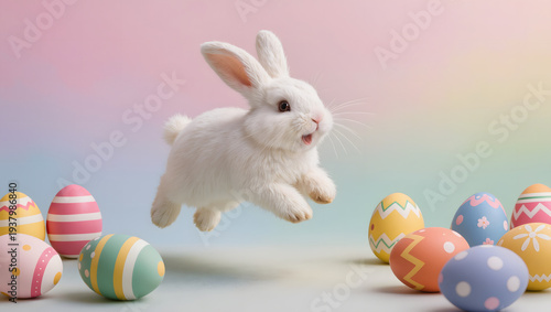 White Easter bunny jumping over colorful decorated eggs