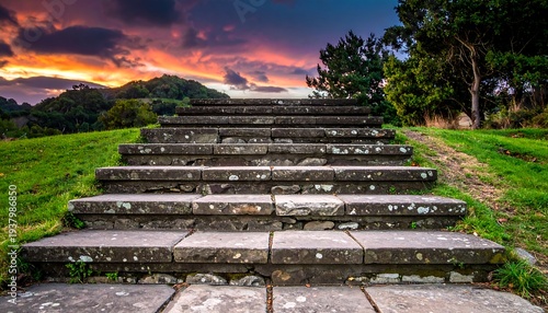 Stone steps ascend toward a vibrant sunset sky, bordered by green grass and trees on either side