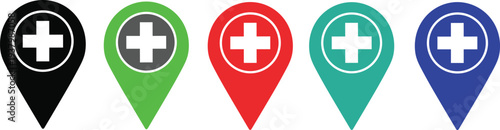Set of five colorful map pointer pins in black green red turquoise and blue with medical cross symbols for hospital and pharmacy location tracking