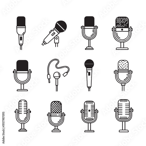 Collection of Microphone Icons Diverse Styles Recording Sound Equipment