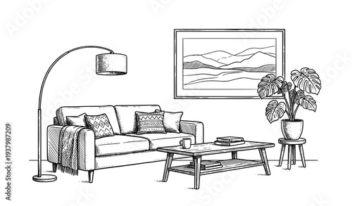 Living room interior black and white sketch illustration with sofa coffee table lamp and plant vector