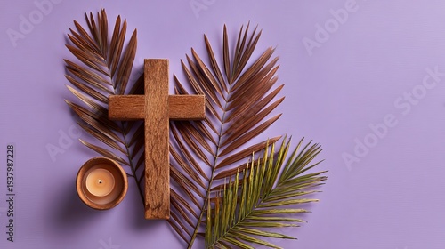 A serene Christian worship setup featuring a wooden cross, palm leaves, and a candle on a purple background during Lent or Holy Week.