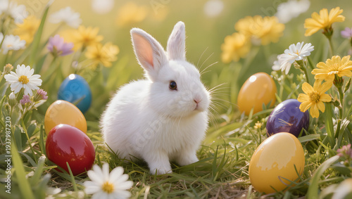Adorable white rabbit surrounded by colorful Easter eggs and flowers