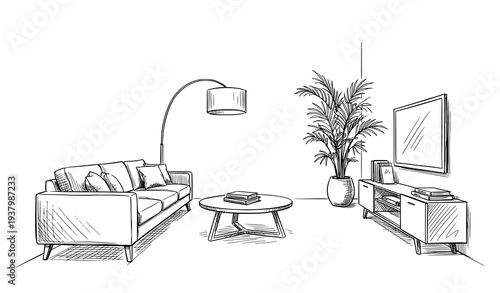 Cozy living room interior hand drawn black and white sketch with sofa table TV and plant vector