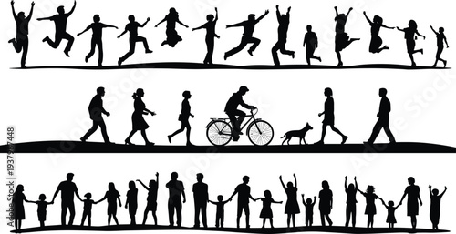 Human silhouettes in joyful poses, walking, cycling, and unity celebration, vector people collection for design, community, lifestyle, togetherness artwork