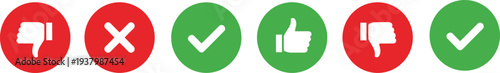 Set of Green and Red Feedback Icons Including Thumbs Up Thumbs Down Check Mark and Cross Symbols for User Approval and Rejection UI Design