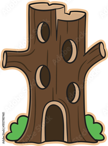 Cartoon illustration of a hollow tree trunk house with circular windows and arched door, woodland animal habitat isolated on a white background.