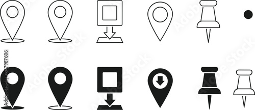 Set of map location pin and push pin icons in outline and solid style isolated on white background, navigation markers vector