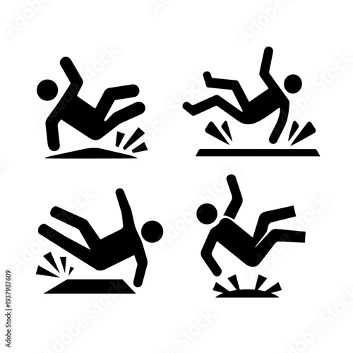Set of black silhouette icons showing a person slipping and falling after stumbling over an obstacle, representing hazard, caution, and safety warnings.