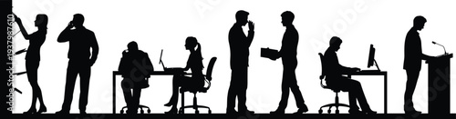 Office silhouettes of professionals working, career progression ladder, business teamwork illustration, corporate communication vector, presentation and computer tasks artwork design