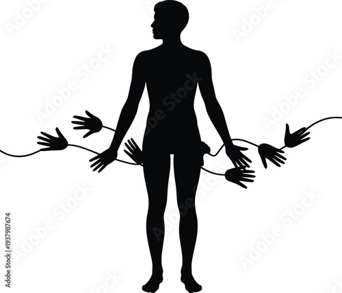 Human silhouette surrounded by reaching hands, symbolic illustration of influence, external forces, social interaction, connection concept, abstract vector artwork design