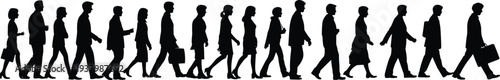 Silhouettes of people walking in line, diverse commuters illustration, urban crowd movement, daily routine vector artwork, social behavior progression design