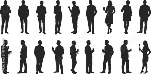 Business professionals networking at cocktail party, formal gathering silhouettes, corporate social event, colleagues conversing, drinks in hand, teamwork connection