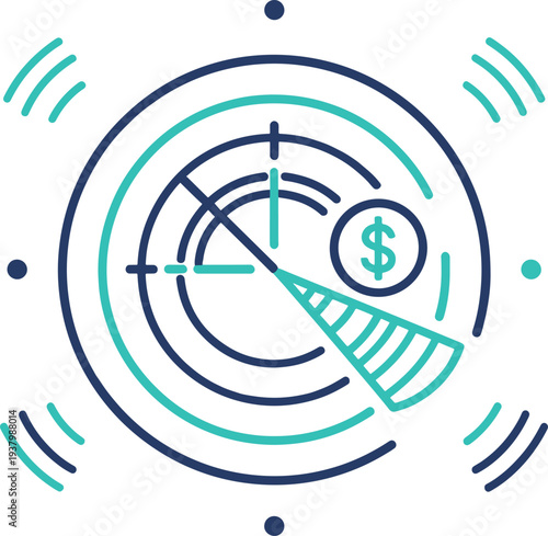 Radar target icon with financial dollar symbol for market analysis