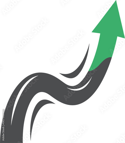 Dynamic rising green arrow on gray smoke trail showing progress