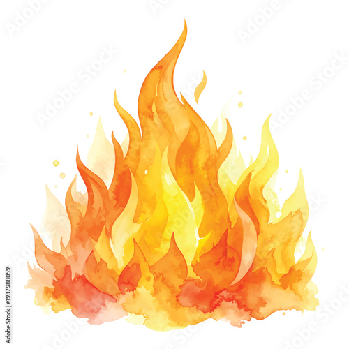 Bright watercolor burning fire flames isolated on transparent background vector illustration
