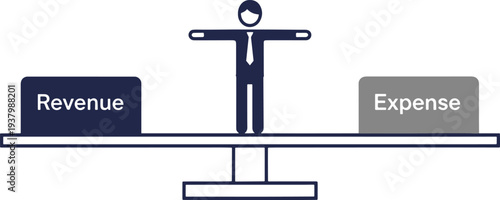 Businessman balancing revenue and expense on scale conceptual illustration