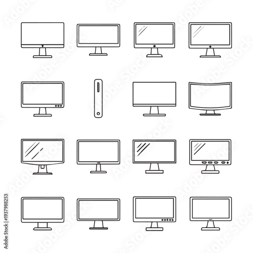 Computer Monitors and Desktop Tower SetLine Art Icons Collection